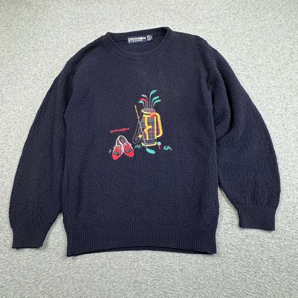 VTG Scottish Isle Navy Embroidered Golf Sweater Mens‎ Medium Preppy Casual Golf
